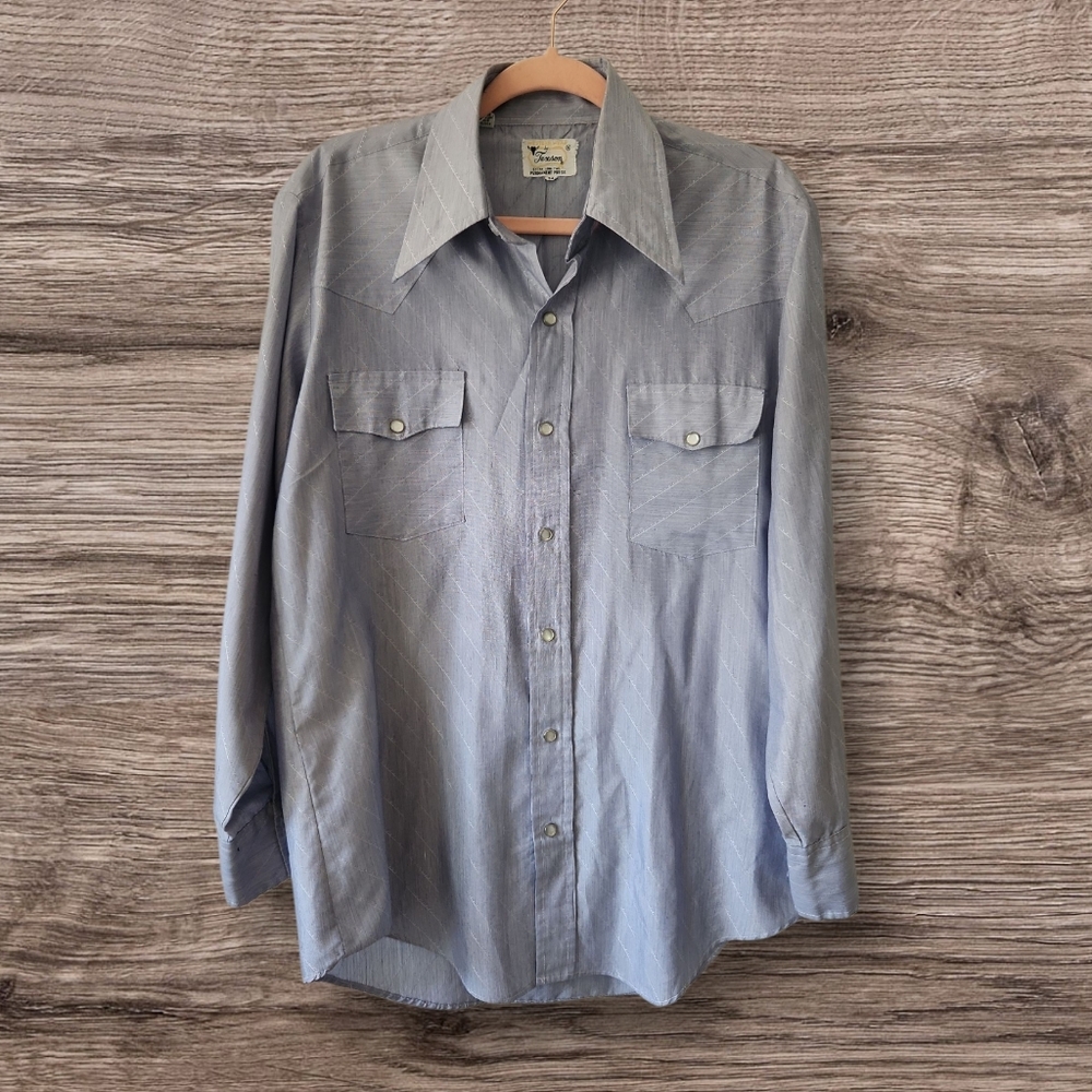 Vintage Texson Paper Thin Extra‎ Long Tail Blue Western Snap Shirt Size M